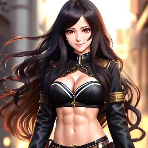 Prompt: extremely realistic, hyperdetailed, extremely long black wavy hair anime girl, blushing, smiling happily, wears steampunk clothing, toned body, showing abs midriff, highly detailed face, highly detailed eyes, full body, whole body visible, full character visible, soft lighting, high definition, ultra realistic, 2D drawing, 8K, digital art