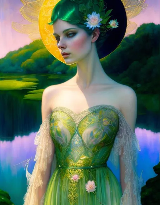 Prompt: Ethereal Mysterious Divine Lady, art by Martine Johanna, William Oxer, Susan Seddon Boulet, Michael Hussar, Hans Makart, caia Koopman, Daniel Merriam, maxfield parrish. Background by Bill Jacklin, beautiful face, delicate green and gold lace Gilded dress, illuminated by Moonlight, inlay water lilies intertwined with her hair, art deco, shimmer, glow, upper body shoot, green tones