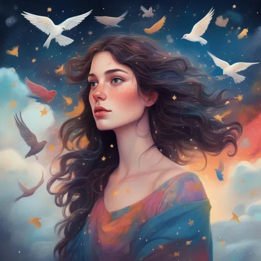 Prompt: Colorful and beautiful Persephone with brunette hair and light freckles,  surrounded by clouds and birds in flight framed by constellations and stars