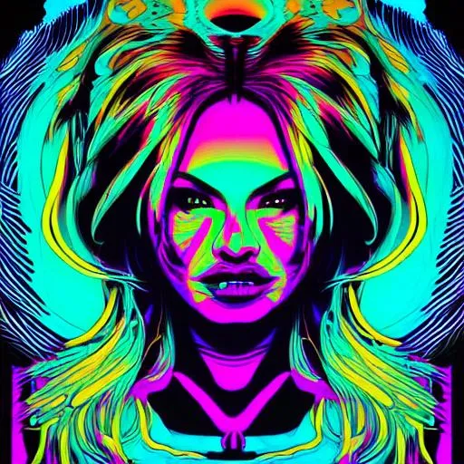 Prompt: Hypnotic illustration of Pamela anderson, hypnotic psychedelic art by Dan Mumford, pop surrealism, dark glow neon paint, mystical, Behance