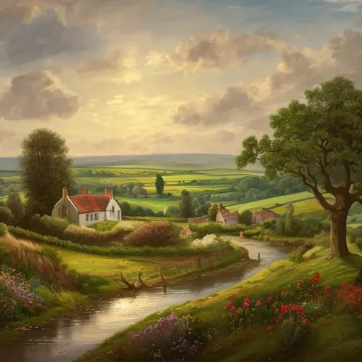 Prompt: Generate a 4K painting of country side England with Georgia house and green landscape 