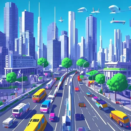 Prompt: Busy modern city hustling with cars planes and buses. 4k ultra vibrant shading 