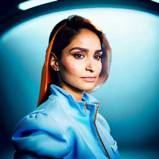 Prompt: Shaima Ali is a futuristic civil servant dressed in a Space-1999-inspired business suit on a space station. photorealistic, accurate face
