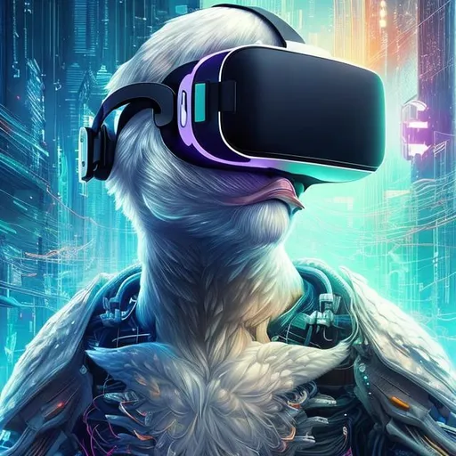 Prompt: A white chicken wearing a VR headset: Chroma Trauma, glitch effect, cyberpunk, Surreal, Highly detailed, Digital art, Artstation, trending, deep focus, Sharp lines, by artist android jones and alex grey