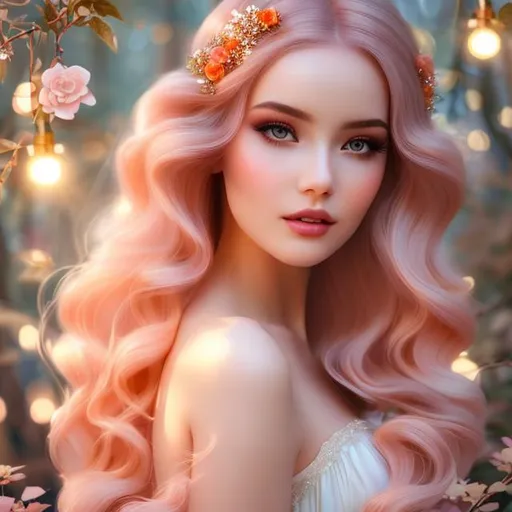 Prompt: Beautiful woman looking forward with red wavy hair with two buns , long hair, eyes open, white skin tone, soft pink and orange makeup, white and beige clothes, legs floating, pretty, covered in nighty glow, cottagecore style, fairy, with illuminating moonshine beams, forest background; by anna dittmann, floradriel, high resolution,  digital painting, extreme detail, 120k,  ultra hd, hyper detailed, white, wlop, digital painting; crystal body