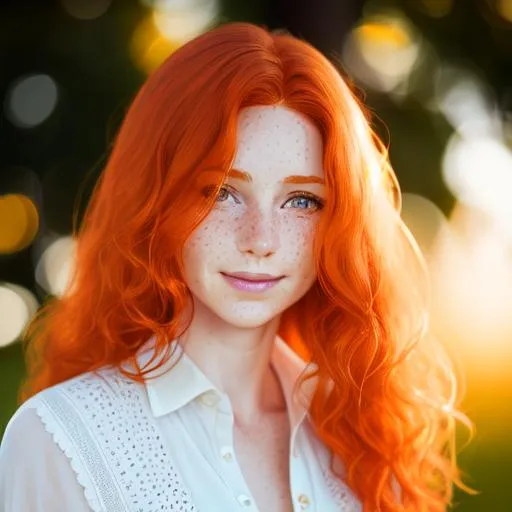 Prompt: Portrait of Ginger,freckled woman, freckles, turned up small nose, long wavy ginger wet hair, delicate lips, cute face, pure, sweet smile ((white open shirt)), ((shy)), sun from behind, sun on hair, 40 years old, thin, mature beauty

Ultra high definition, stylized picture, highly detailed, intricated, 8K, filigree 
