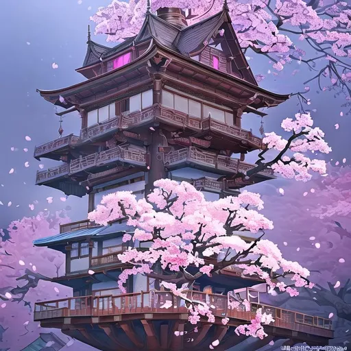 Prompt: THE CHERRY BLOSSOM TREE HOUSE :: beautiful ornate treehouse in a gigantic pink cherry blossom tree :: on a high blue grey and brown cliff with light snow and pink cherry blossom trees :: Roger Deakins and Moebius and Alphonse Much and Guweiz :: Intricate details, very realistic, cinematic lighting, volumetric lighting, photographic