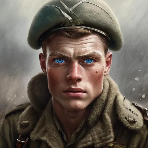 Prompt: Handsome soldier from WW2 { men has warm blue eyes } , {background}, super detailed, 8k, high quality, sharp focus, real skin, cheeks red, transparent, intricate details, highly detailed, oil painting