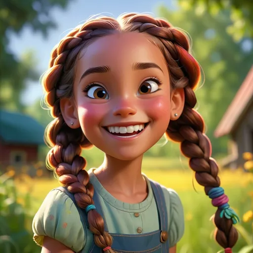 Prompt: 8 year old Disney-style farm girl with braids and a happy smile, vibrant colors, sunny, 4k, vibrant, Disney-style, braided hair, happy expression, sunny day, joyful, bright colors, traditional, cheerful atmosphere, professional lighting, has a firefly for a pet
