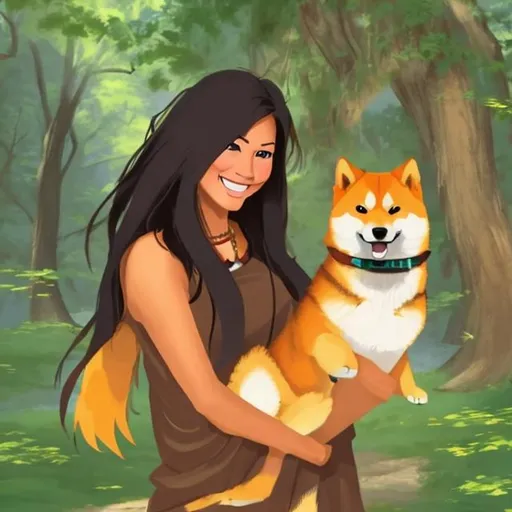 Prompt: create a native american woman holding a shiba inu puppy that is smiling