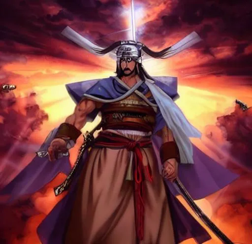 Prompt: (Mega details)(4x anime) Anime war scene graphic High detail Samurai warrior crusaders with Jesus Christ as depicted in the book of  revaltion coming out of heaven gathering his chosen to ride against the enemy Satan and his fallen cyberpunk ninjas anime war scene graphic High detail Samurai warrior crusaders with Jesus Christ as depicted in the book of revaltion coming out of heaven one side is the gathering of The chosen to ride victory against the enemy Satan and his fallen cyberpunk ninjas on the opposite side 