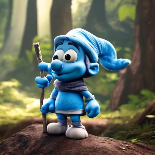 A blue smurf with the features of a cat wandering in the forest with a bag on a stick over his shoul