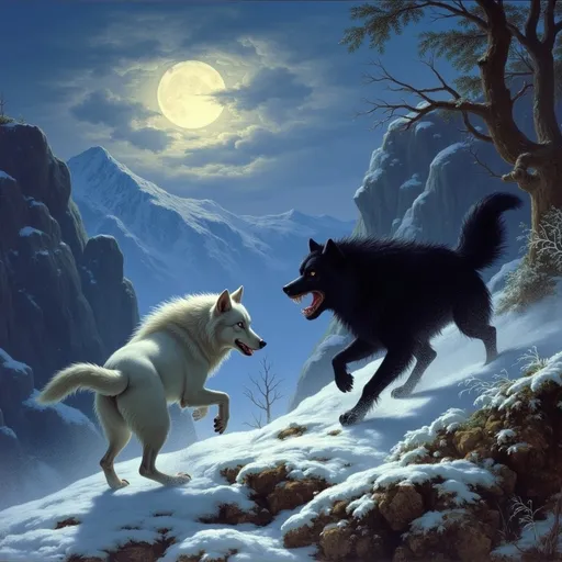 Prompt: A white wolf is racing with a black werewolf in a rocky mountain under the moonlight and snow