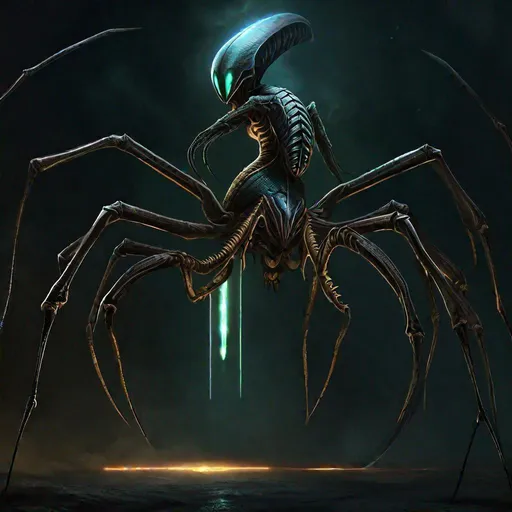 Prompt: Alien female with six long spider legs, powerful jaws, beautiful and terrible, flexible body, long snake tail, luminous eyes, Inspired by Stellaris game and Warframe, Dark Souls style