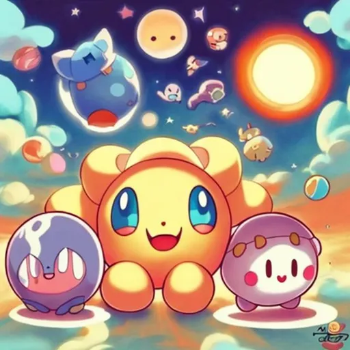 Prompt: Cute sun and moon with Kirby and 4 cats
