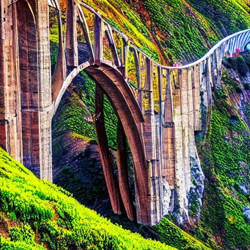 Prompt: A hyperdetailed digital landscape of the Bixby Bridge, with flowers and vines, cracks, crumbling, Big Sur, after man, realistic, Bixby Bridge 