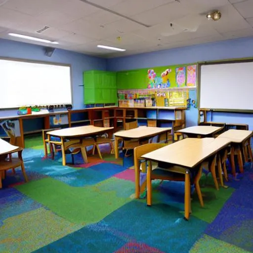 Prompt: classroom with traditional seating arrangement, kids classroom, full decoration