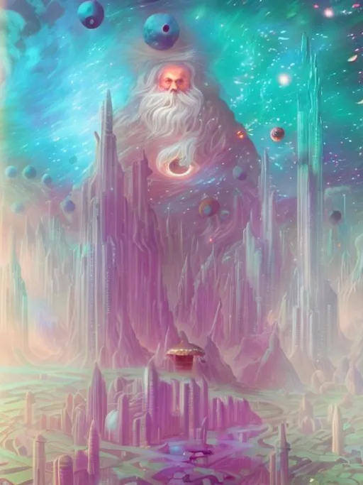 Prompt: Wizard in front of space city. Planets in sky, mushrooms.