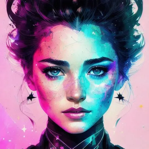 Prompt: 
"stars and the galaxy in her eyes, centered, key visual, intricate, highly detailed, dark studio, rim lighting, two tone lighting, dimly lit, low key breathtaking beauty, precise lineart, vibrant, comprehensive cinematic, Carne Griffiths, Conrad Roset"

