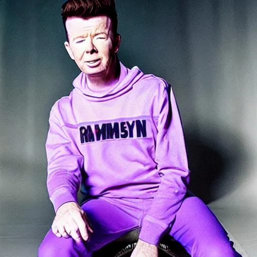 Prompt: Rick Astley wearing a rammstein hoodie and purple pants 