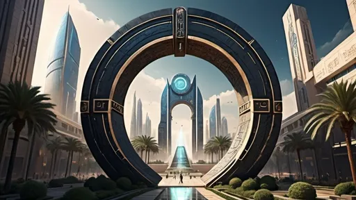 Prompt: magical portal between cities realms worlds kingdoms, circular portal, ring standing on edge, upright ring, freestanding ring, hieroglyphs on ring, complete ring, ancient babylonian architecture, gardens, hotels, office buildings, shopping malls, large wide-open city plaza, side view, futuristic cyberpunk tech-noir setting