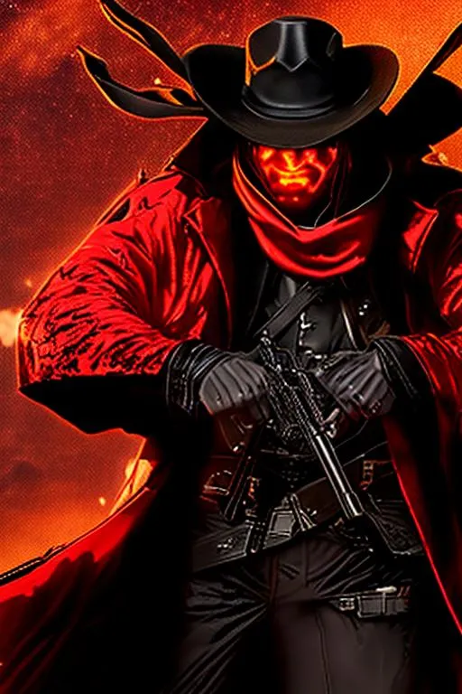 Prompt: ((Cyber Cowboy with 4 Arms))!!, fiery red Poncho, Dressed in black duster and Stetson Cowboy Hat, with Red Sunglasses, Haunting Presence, Photorealism, Hyperrealism, Intricately Detailed, Hyperdetailed, Desert Wild West Landscape, Dusty Midnight Lighting, Filmic, Movie Quality, 8K Resolution, Wild West Feel