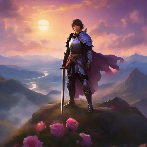 Prompt: Realistic lush ancient landscape, heavy mist, standing at the top of a mountain. a young cute Japanese adult {femboy}, medieval knight paladin holding a sword {a rose-shaped hilt. Hilt is Black Metal. Blade has purple reflection.}. detailed face, short brown to blonde hair, dark blue eyes, sun tanned skin, skin spores, round shaped nose, round cheeks, metal armor.