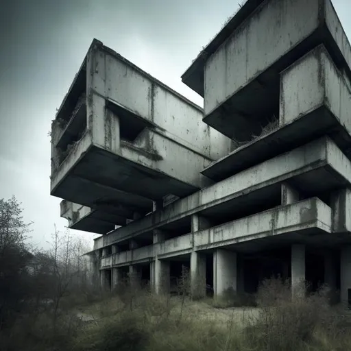 Prompt: a large brutalist architecture, creepy, macabre, wide angle, empty, reclaimed by nature, concept of physics do not apply
