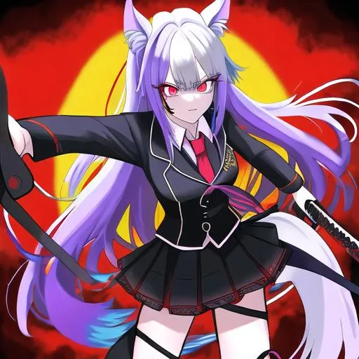 Prompt: Haley  as a demon (multi-color hair) (multi-color eyes)(she has horse ears) holding a katana, fighting, in a gunfight, bullets flying, fighting in a rural area, angry, demon tail, demon wings