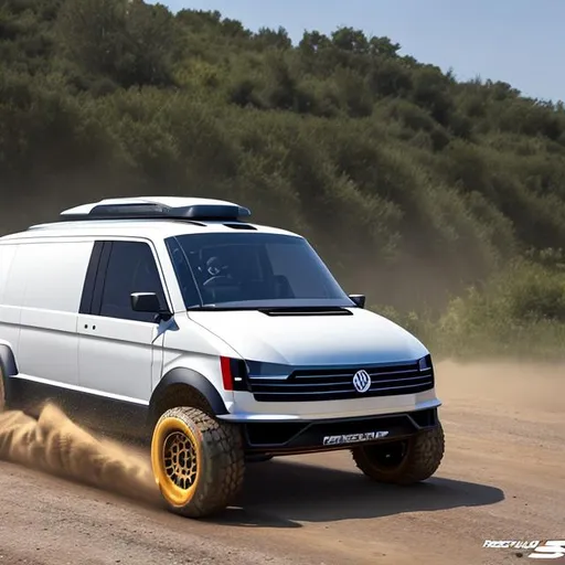 Prompt: Specced out rally version of the vw transporter, with a v12 in the back 