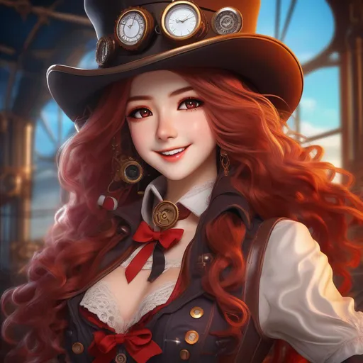 Prompt: (masterpiece), selfie, centered, Instagram able, steampunk  1girl, cute smile, red ribbon, long wavy hair, "((Best quality, masterpiece):1. 2), An incredibly detailed and stunning artwork with dynamic composition, breathtaking lighting, and vibrant colors. High resolution and flawless execution