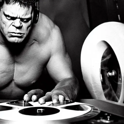 The Hulk as a DJ in a nightclub wearing headphones