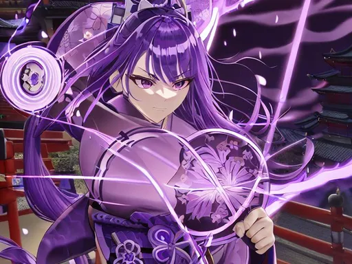 Prompt: Photo Of Real Life Raiden Shogun From Genshin Impact,UHD,HD,64K, Highly Detailed,realistic,purple neon,inazuma,japan,Woman,Purple Hair,Purple Eyes, Japanese Culture Clothes,purple white Clothes,Woman Shogun,Purple Electro,Serious Face,long hair,Using Spear,girl