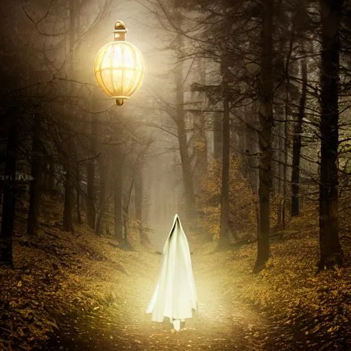 Prompt: Hooded Evil witch goddess holding a gold lantern, dark forest, horror, black sky, fog, High quality, photo realistic 
