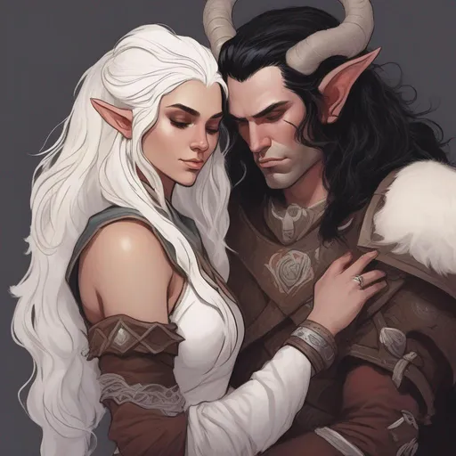 Prompt: dnd a female elf cleric with long white hair cuddling a large male tiefling barbarian with messy black hair and ram horns