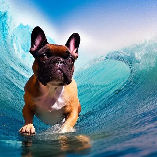 Prompt: french bulldog surfing a wave, realistic photo, 4k,