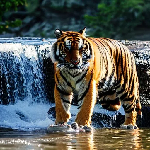 tiger atop a waterfall with sunrise over head | OpenArt