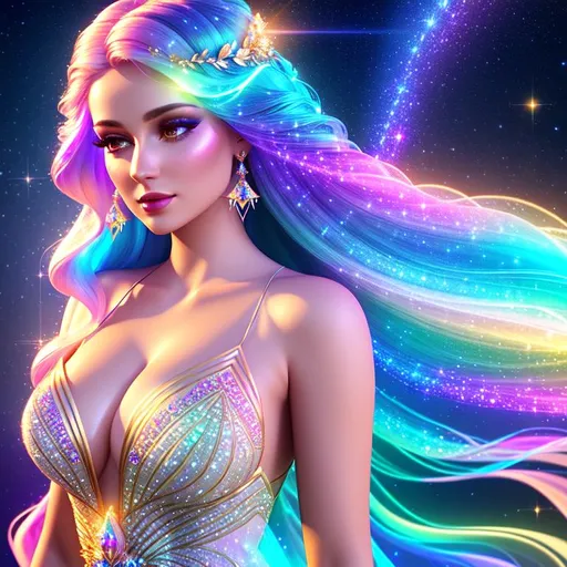 Prompt: Beautiful ethereal goddess, magic, ((wearing diamantine intricate gown)) ((bright multi coloured galaxy straight hair)), glowing, trails of light, wisps, soft white skin, slight sparkles, outer space, unreal engine 8k octane, 3d lightning, stellar, quartz, gem rain, luminous chest, fantasy