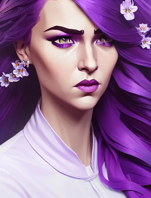 Prompt: Portrait of {woman} with {purple} hair and with cute face, {white and purple flowers}, perfect composition, hyperrealistic, super detailed, 8k, high quality, trending art, trending on artstation, sharp focus, studio photo, intricate details, highly detailed, by greg rutkowski