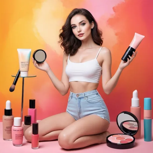 Prompt: create a photo of a woman wearing cosmetics, show full body, have more colorful background, summer background

