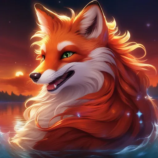 Prompt: Insanely beautiful female (fox) portrait, playful, cartoon art, bushy vivid red fur, lively, glistening creamy mane, beautiful charming smile, open mouth, highly detailed smile, adorable, clownish, jolly, anime, in a magical lakeside, enchanting {emerald eyes}, sunrise, beneath the stars, crystal lake, corona, glowing outline, mid shot, medium close-up, global illumination, golden ambient light, waterfall, bioluminescent, highres, best quality, concept art, epic digital art, intricately detailed, cinematic, anime, comically huge enchanted green eyes, 8k eyes, highly detailed eyes, highly detailed, 64k, full body focus, sharp focus, vibrant, UHD, professional, intricately detailed background