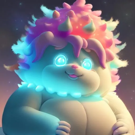 Prompt: side view, wide view, 7 "colorful, proud, fat, "baby bot", with a halo", checking a cake, glowing, realistic, spiked hair, fluffy, silky, furry, backlit, warm tones, night-sky, moss, indigo, cream, coral, bone-white, photorealistic eyes, : ornate, dynamic, particulate, intricate, elegant, highly detailed, centered, artstation, airbrush, acrylic on paper, volumetric lighting, occlusion, smooth, sharp focus, 128K UHD octane render, w more d etail. , glowing, realistic, spiked hair, fluffy, silky, furry, backlit, warm tones, night-sky, moss, indigo, cream, coral, bone-white, photorealistic eyes, : ornate, dynamic, particulate, intricate, elegant, highly detailed, artstation, airbrush, acrylic on paper, volumetric lighting, occlusion, smooth, sharp focus, 128K UHD octane render, w more detail,  cloud background, ultra realistic, unreal engine 5, fantasy, insane detail, cinematic