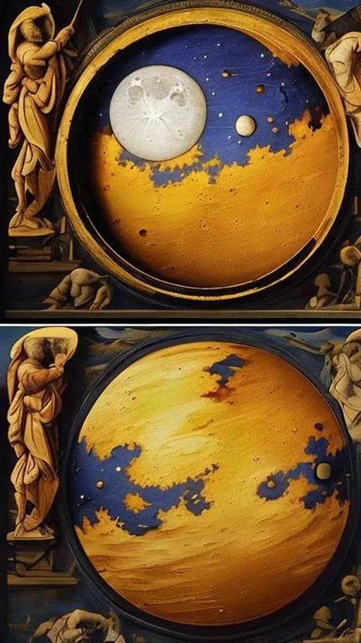 Prompt: One oil, traditional renaissance painted moon and one traditional renaissance painted sun