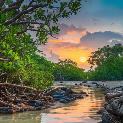 Prompt: Dawn over a lush mangrove shoreline with rocks, sand, corals, birds, fishes, crabs, and wildlife in pastel