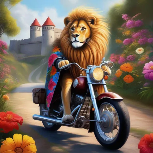 Prompt: High-resolution realistic painting of an old furry lion, (Beautiful {Sugarskull} and happy face), graying hair of flowers, wearing a psychedelic poncho with tropical flowers on it, riding a big trail motorcycle. with a medieval castle in the background,