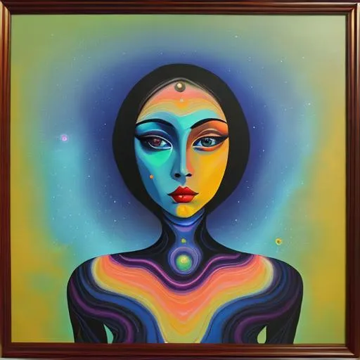 Prompt: Surreal portrait of beautiful female, cosmic landscape background, acrylic on canvas in style of post modernism 