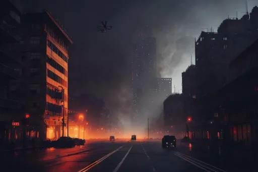Prompt: city destroyed, fire, helicopters in sky, dark styled, dramatic, extremely detailed, trending on artstation, cinematic view, beautiful composition, ambient light, fog, phenomenal photography, wide angle, 8k, epic, photorealism, ray tracing, sharp focus, depth of field