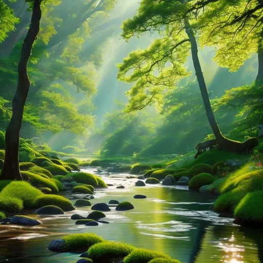 Prompt: Imagine a tranquil forest scene at dawn, where the first light of morning filters through the dense canopy of ancient trees, casting dappled sunlight onto a meandering stream. The water is crystal clear, reflecting the vibrant green foliage and delicate wildflowers that line its banks. In the distance, a family of deer gracefully crosses the stream, their movements captured in a moment of serene natural beauty. Create an exquisite digital painting of this scene, paying meticulous attention to every detail. The atmosphere should evoke a sense of wonder and calm, with a focus on the play of light and shadow. The final image should be in 8K resolution and capture the essence of a pristine forest untouched by time, reminiscent of the works of artists like Thomas Cole and Albert Bierstadt.