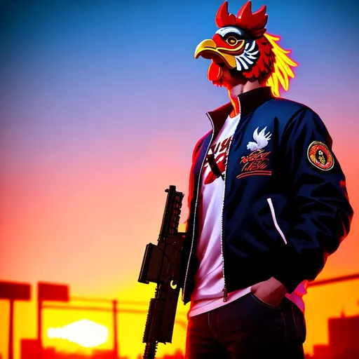 Prompt: a man wearing rooster mask and school jacket, carrying lots of guns, covered in blood, gore, guts, vice city, vice, neon lights, sunset, splash art, volumetric lighting, unreal engine 5, ultra HD