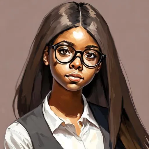 Prompt: girl with light brown skin and black hair brown eyes long straight hair school girl, with circular glasses.